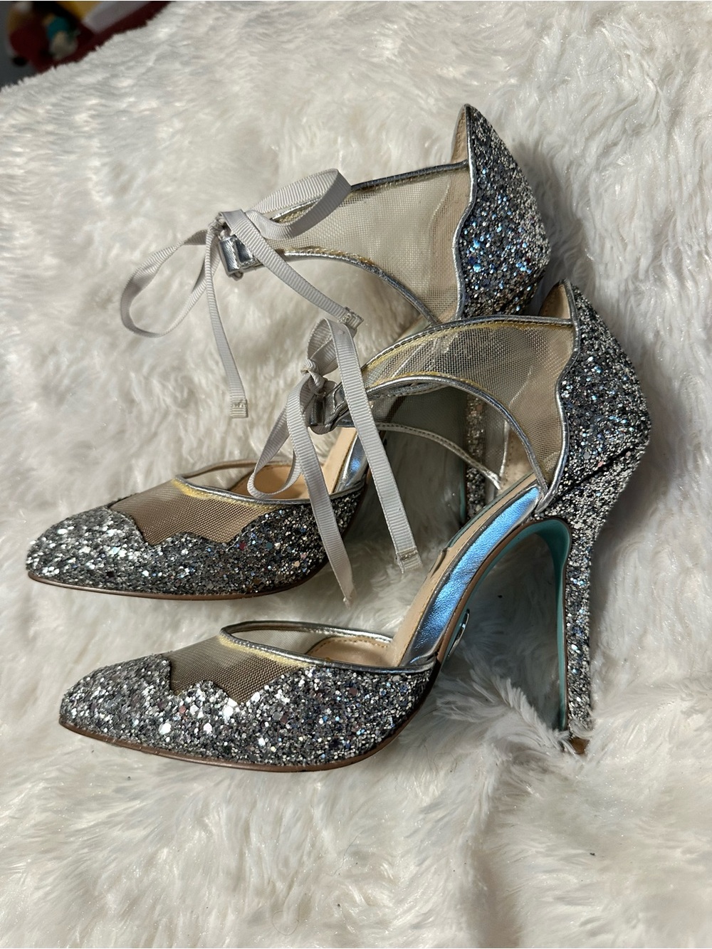 Betsey Johnson Silver Glitter Mesh Lace-Up Stiletto Heels